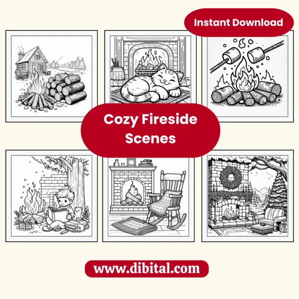 Cozy Fireside Scenes - 12 Relaxing Best Coloring Pages mock