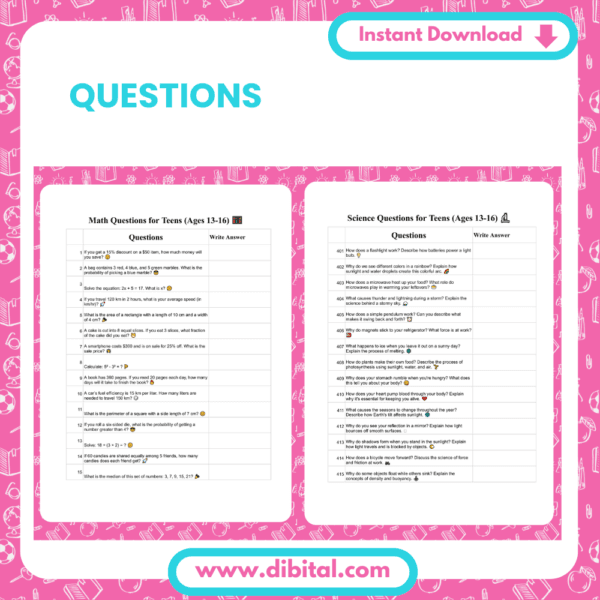 11600+ Educational Questions for Teens (Ages 13-16) – Challenging PDF Quiz Book Mock 1