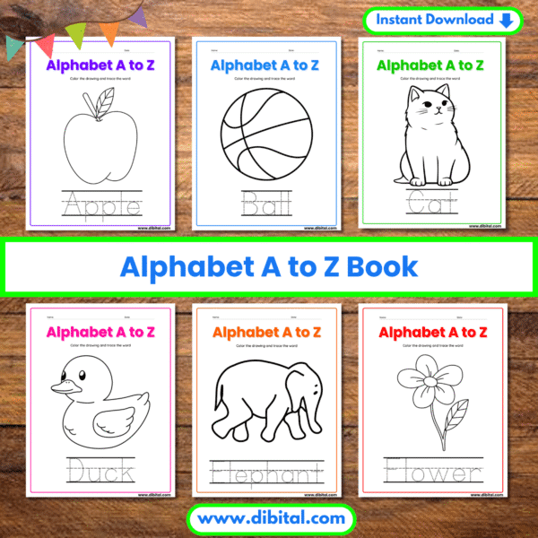 Alphabet A to Z Book – 26 Printable Tracing & Coloring Worksheets Main Mock