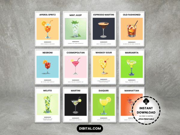 Set of 12 Cocktail Wall Art Prints Main Mock