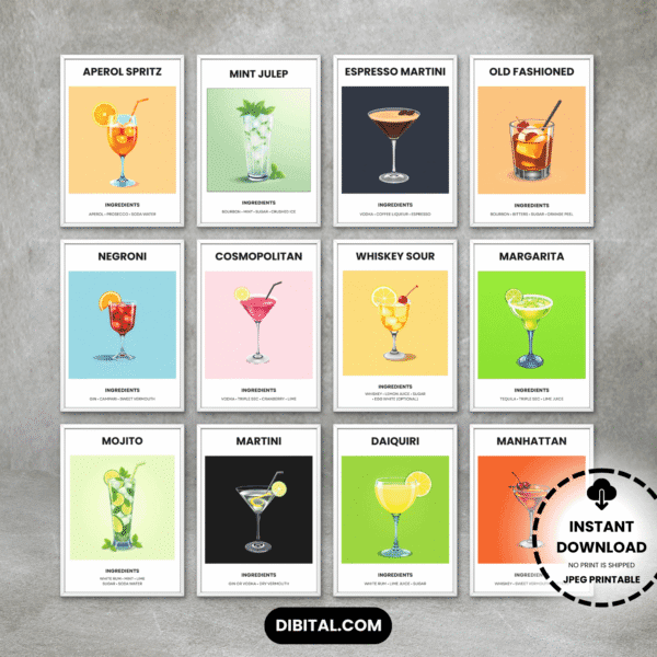Set of 12 Cocktail Wall Art Prints Main Mock