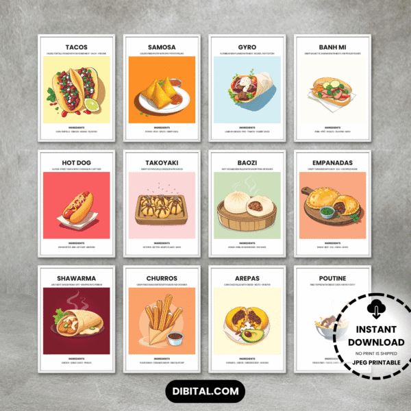 Street Foods of the World Wall Art – 12 Best Food Printable Main Mock