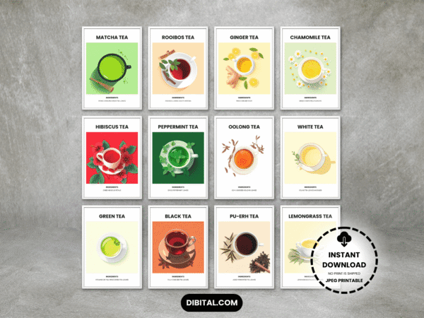 Tea Wall Art – 12 Printable Botanical Tea for Kitchen & Cafe Main Mock
