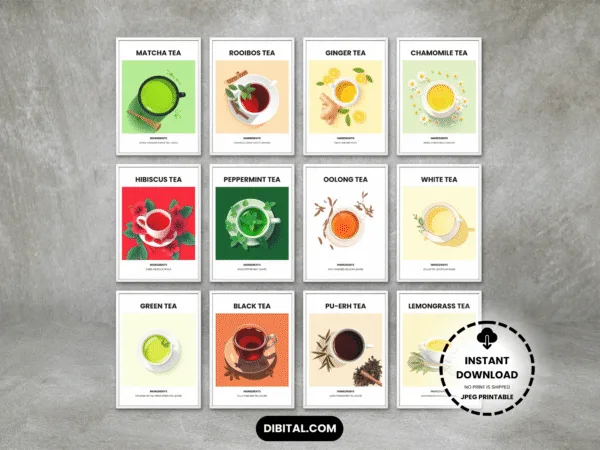 Tea Wall Art – 12 Printable Botanical Tea for Kitchen & Cafe Main Mock