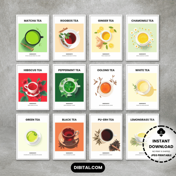Tea Wall Art – 12 Printable Botanical Tea for Kitchen & Cafe Main Mock