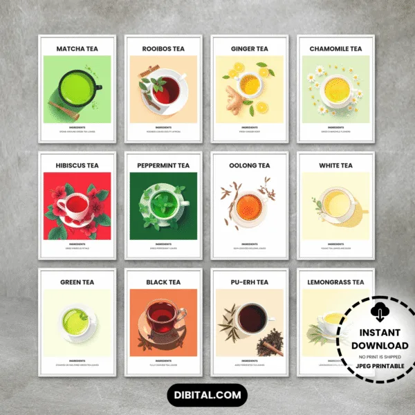Tea Wall Art – 12 Printable Botanical Tea for Kitchen & Cafe Main Mock
