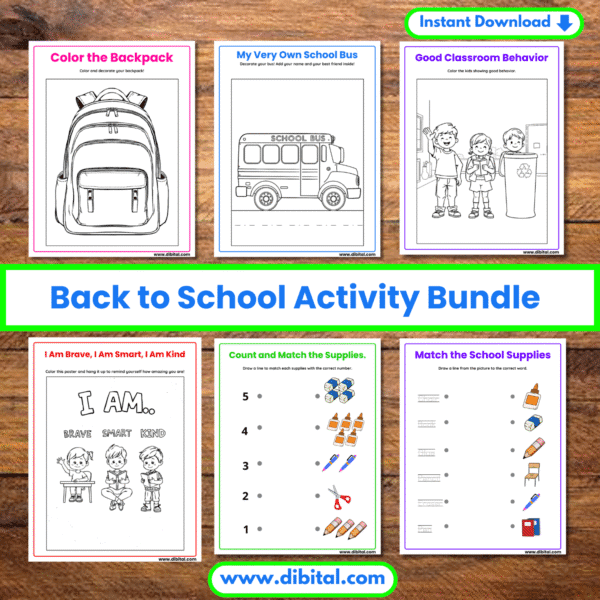 Back to School Activity Bundle – 30 Printable Pages for Preschool & Kindergarten Mock 2